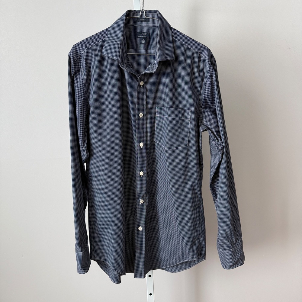 J.Crew sz M 15-15.5 Thompson Stretch Wrinkle Free Navy Micro Check Shirt Preppy
